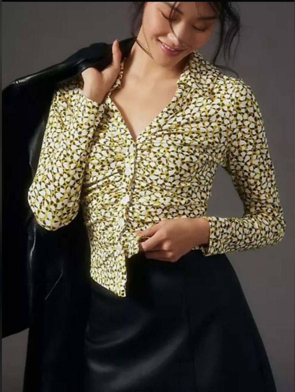 Maeve by Anthropologie Button Ruched Yellow Print Long Sleeve Shirt Women's XS